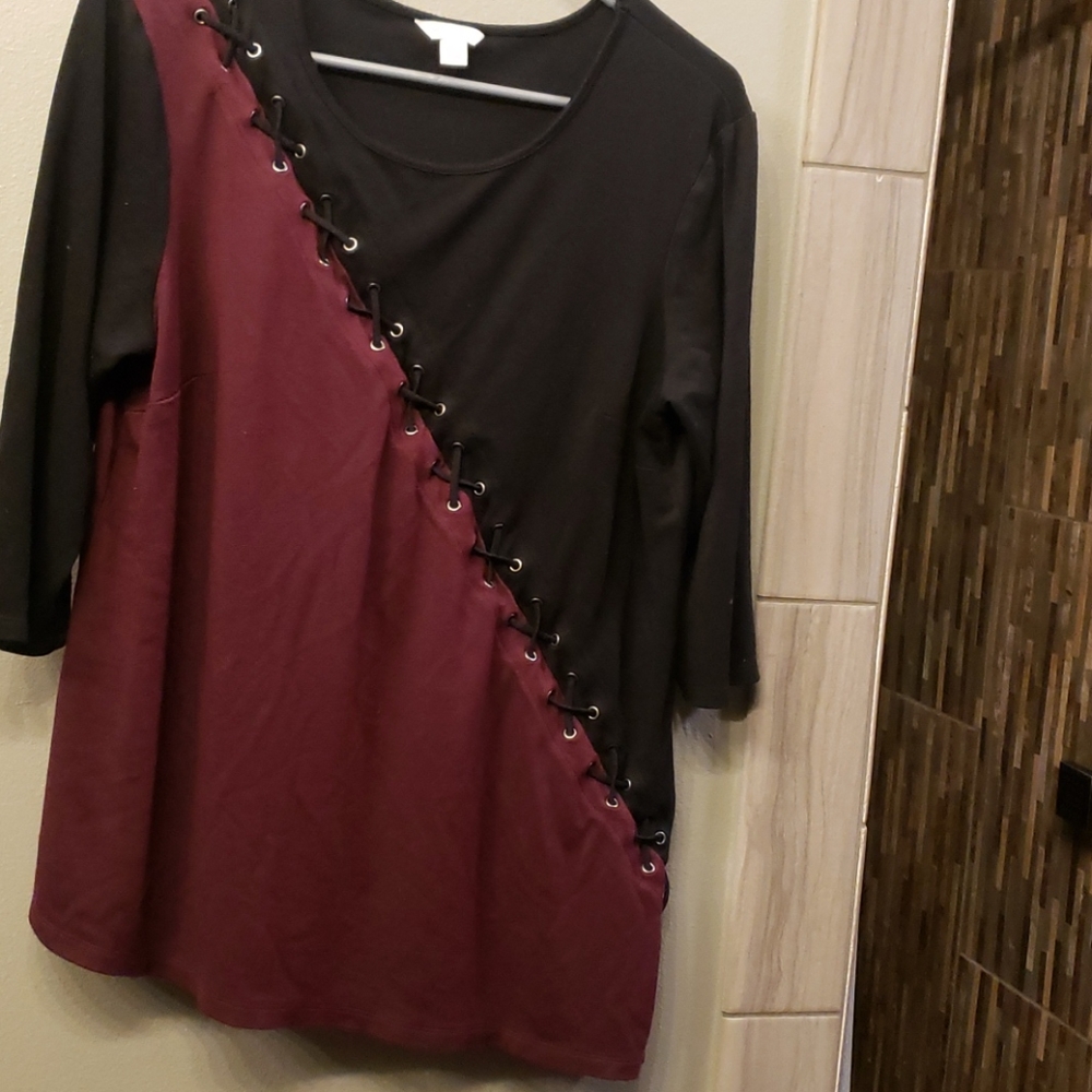 Burgundy & Black shirt with lace-up detail, sz L